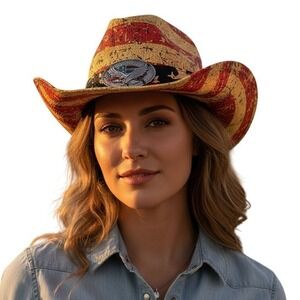 Tea Stained Vintage Paper Straw American Flag Fashion‎ Cowboy Hat NWT